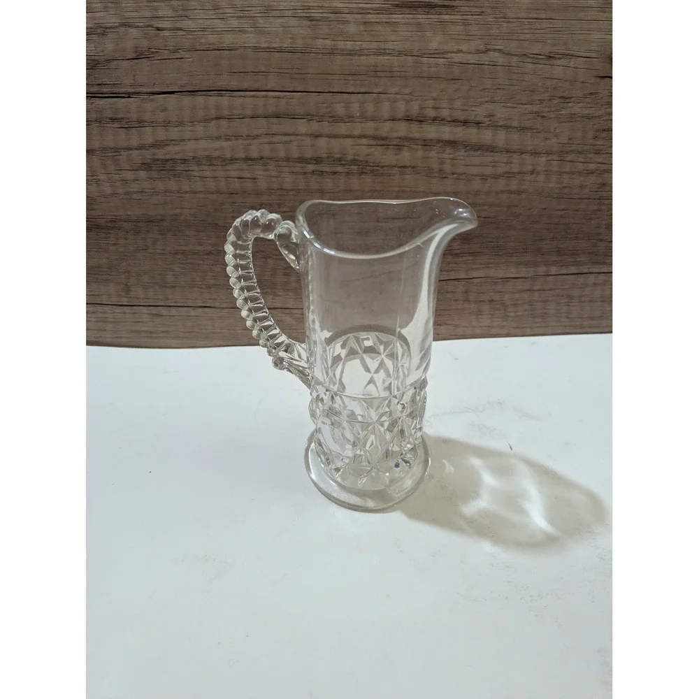 Vintage‎ Clear Glass Small Pitcher Diamond Cut Pattern Beaded Handle 6 Inch